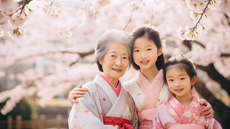 Asian family wearing traditional japanese kimono in cherry blossomの素材