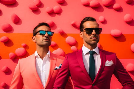 fashionable young men in sunglasses and suits posing on pink and orange backgroundの素材