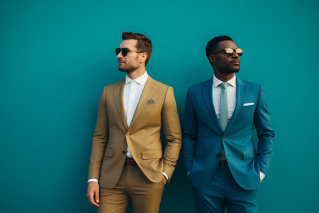 stylish multicultural men in suits and sunglasses standing together isolated on blueの素材