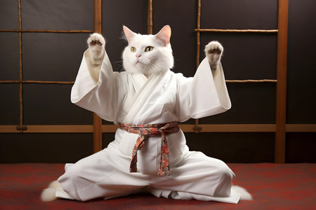 A white cat wearing a kimono is practicing martial arts.の素材