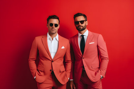 two stylish men in red suits and sunglasses standing together on red backgroundの素材