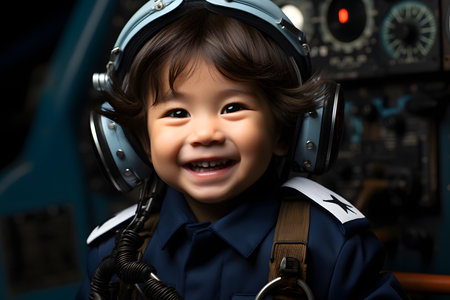 Portrait of cute asian boy in pilot costume in airplane cockpitの素材
