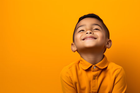 Portrait of a happy little boy on a yellow background with copy spaceの素材