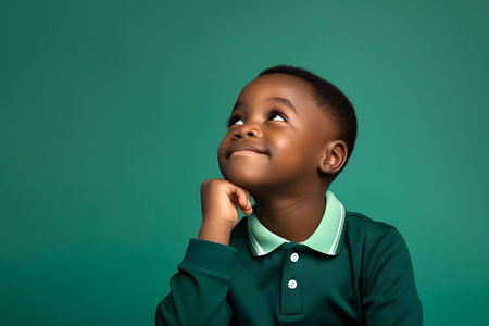 Cute little african american boy looking up against green backgroundの素材