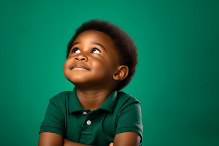 Portrait of a cute african american little boy on a green backgroundの素材