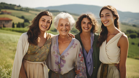 Group of happy women friends having fun outdoors. They are smiling and looking at camera.の素材