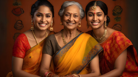 Indian women in traditional sari and saree at home, smilingの素材