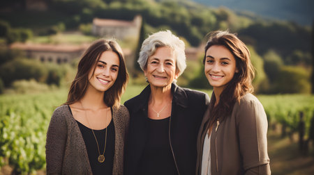 Portrait of smiling mature woman with adult daughter and granddaughter in vineyardの素材