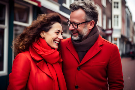 Portrait of a happy couple in a red coat on the streetの素材