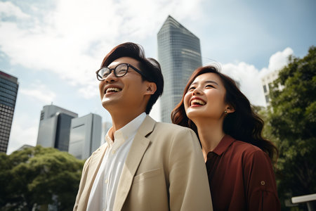 Happy Asian couple walking in the city. Business people lifestyle concept.の素材