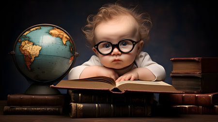 Little baby boy reading a book at the table with old books and globeの素材