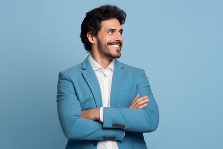 Handsome young man in blue suit looking away and smiling while standing against blue backgroundの素材