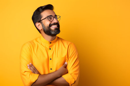 Young indian man with yellow shirt and glasses on bright yellow backgroundの素材