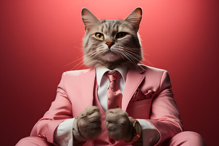 Portrait of a cat in a pink suit and tie on a red backgroundの素材