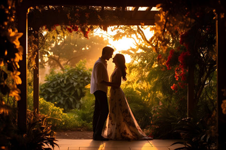 Silhouette of a bride and groom in the garden at sunsetの素材