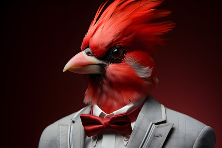 A red cardinal bird in a suit and bow tie on a dark backgroundの素材