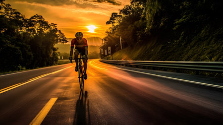 Cyclist riding on the road at sunset. Sport and healthy lifestyle concept.の素材