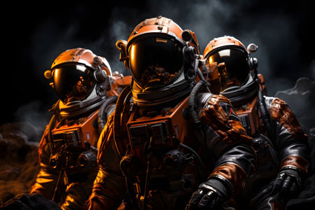 Astronaut team on dark background. Mixed media. Mixed mediaの素材