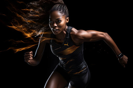 Beautiful african american sportswoman running on black backgroundの素材