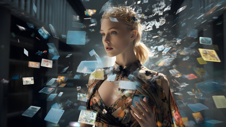 Surreal image of young woman looking at flying papers. Mixed mediaの素材