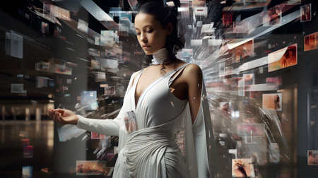 Young beautiful woman in white dress against media screen background. Mixed mediaの素材