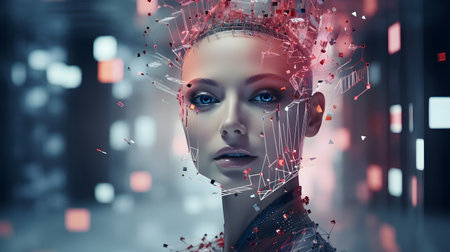 Futuristic cyborg woman with high tech network on her head. 3d renderingの素材