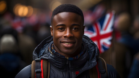 young african american man with backpack at Union Jack flag backgroundの素材