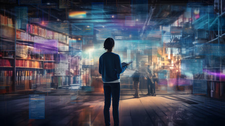 Back view of businesswoman with digital tablet in hands. Mixed mediaの素材