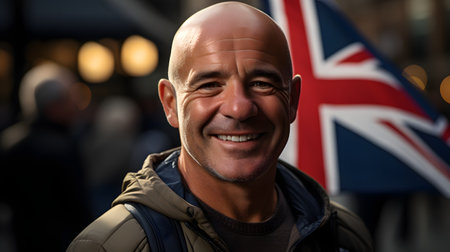 Portrait of a smiling man with the British flag in the backgroundの素材