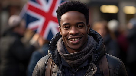 Portrait of a young african american man with the British flag in the backgroundの素材