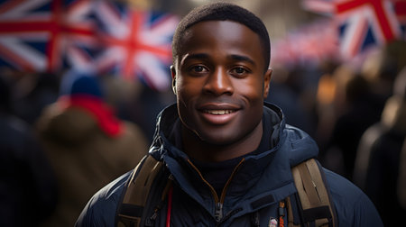 Portrait of happy young african american man looking at camera on UK flag backgroundの素材