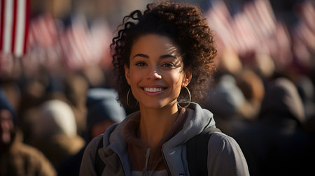 Portrait of smiling young woman with afro hairstyle and usa flagの素材