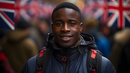 Portrait of happy african american man with backpack in front of British flagの素材