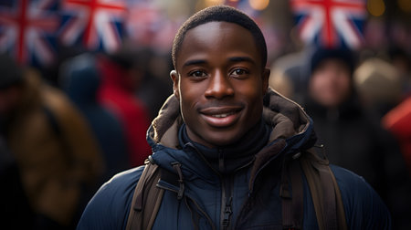 Portrait of happy african american man with backpack standing in crowdの素材