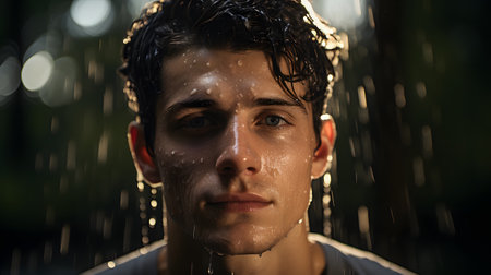 Portrait of a young man under a shower in the city.の素材