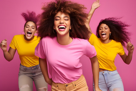 Portrait of three cheerful african american women in yellow t-shirts having fun and dancing together isolated over pink backgroundの素材