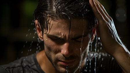 Closeup portrait of a handsome young man taking a shower in the darkの素材