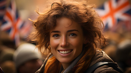 Portrait of a beautiful young woman with curly hair in the cityの素材