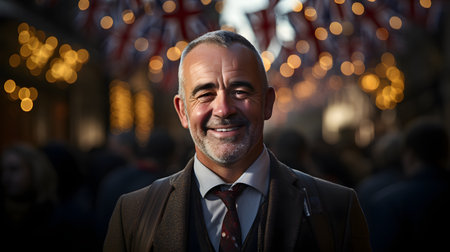 Portrait of a smiling senior businessman on christmas market background.の素材