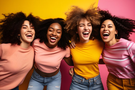 Group of cheerful african american young women having fun on colorful backgroundの素材