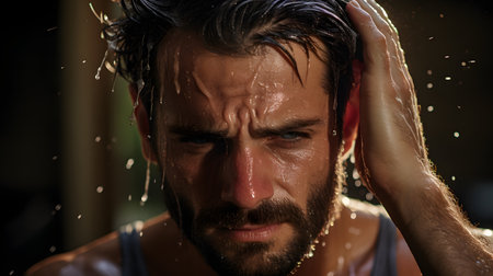 Portrait of a young man with a beard and wet hair in the showerの素材