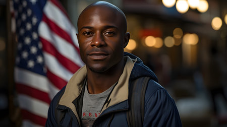 Portrait of a handsome young black man with American flag in the backgroundの素材
