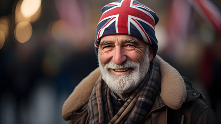 Portrait of senior man with beard and hat on the street in Londonの素材