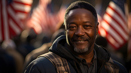 Portrait of an african american man with a beard on a background of the American flagの素材