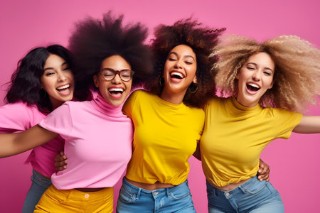 Group of happy young women in casual clothes laughing and having fun togetherの素材