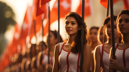 Group of young Asian women in sportswear with red and white flagsの素材