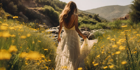 Beautiful girl in a white dress in the mountains among yellow flowersの素材