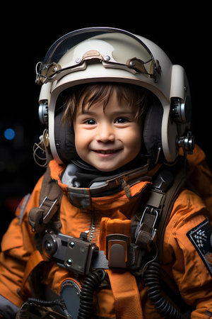 Portrait of a cute little boy dressed as an astronaut in an orange suitの素材