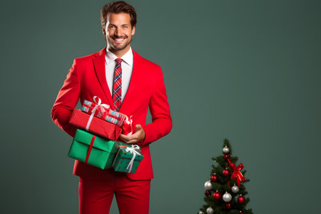 smiling man in red suit holding christmas gifts and looking at cameraの素材