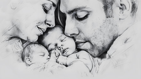Family: Mom, Dad, and Newborn Pencil Sketchの素材